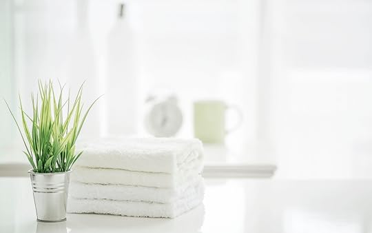White towels on white counter with green plant in silver container, in background and blurred is white coffee cup and white alarm clock
