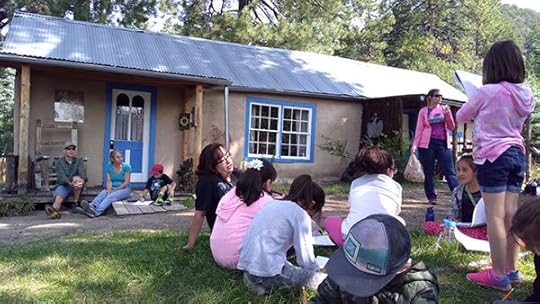 Visiting school children at the Homesteader's Cabin