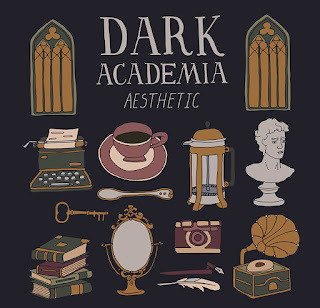 Licensed Adobe image, visual featuring a steampunk style aesthetic, Dark Academia room set. Vintage elements collection. Bust, french press, typewriter, stacks of books and gramophone. Hand written lettering. Antique aesthetic vector illustration. Gothic architecture