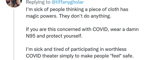 The pandemic has given a large chunk of the American population an opportunity to reveal themselves as a bunch of entitled, short-sighted, selfish, arrogant, willfully ignorant, good for nothing losers. Yes, I blocked you and Twitter is better off without you