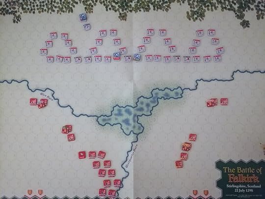 Map of Falkirk, forests at the top and a lake in the middle with three rivers - two running east west and one south. Scots at the top arrayed in 4 identical formations, a small number of English at the bottom.