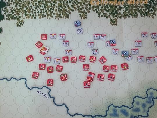 Close up of just the left side of the map. The Scots are vastly outnumbered and their formation fragmented. Two scottish cavalry units sit at the top centre of the image.