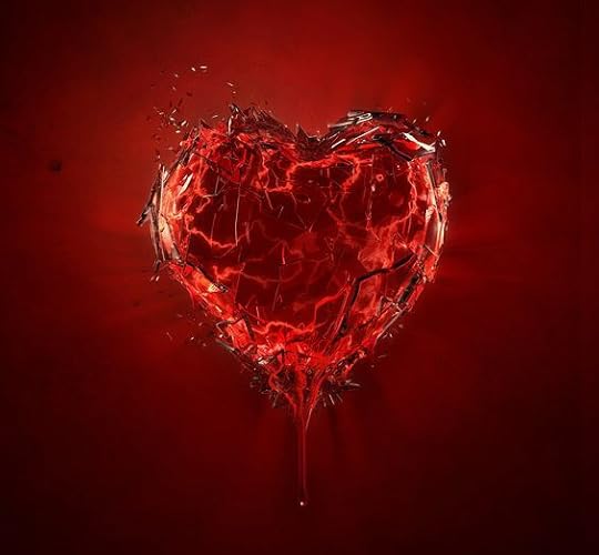 A digitally created image of a shattered glass heart with the red fluid inside leaking out, on a red background. Created by Lucas Zoltowski