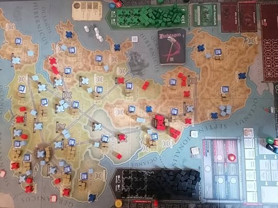 The Pendragon board's map of Britain oriented with Scotland on the right and the English Channel on the left.