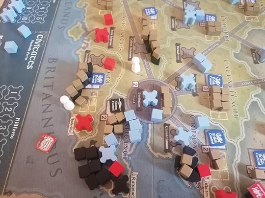 Same image as before but there are now about half as many Saxon raiders in two regions. Those same regions now no longer have their blue Civitates cubes or town markers.