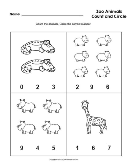 4 printable zoo animals count and circle numbers 0 10