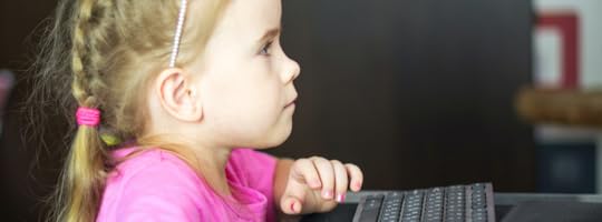 Girl looking a computer. Safe home.
