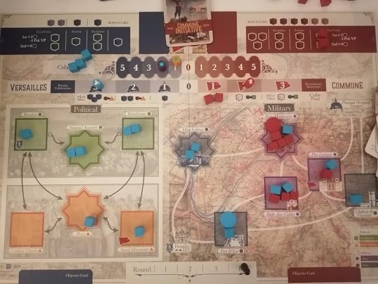Versailles have two military VPs and one Political. The board is mostly blue cubes, with a large cluster of red in central Paris.