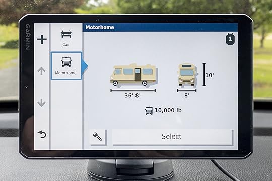 Garmin RV 890 GPS device mounted on vehicle dashboard. This is one of the best GPS for road trips
