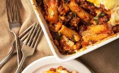 Closeup of the venison casserole, showing what's under the cheese.