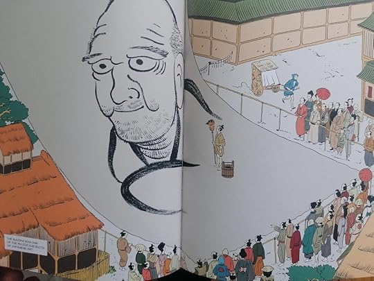Hokusai with a broom and bucket standing in front of the giant picture of the Bodhidharma he has painted while a crowd looks on