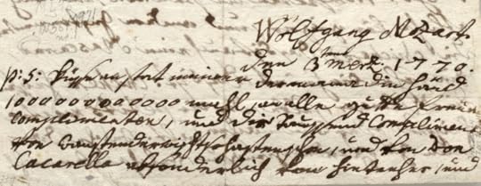 Photo of Mozart's letter, written in heav brown ink on light paper. Handwriting is in cursive and uneven. Ink from the other side of page shows through.