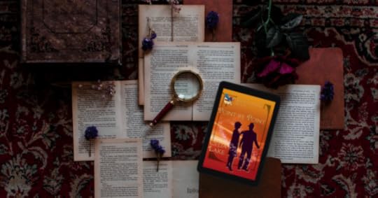 Cover of Point By Point displayed on an tablet, layered over various printed pages, along with books, a deep red rose, and a magnifying glass.