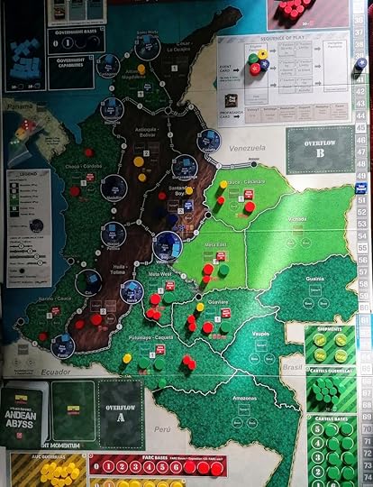 The game board, a slightly stylised map of Colombia divided into geographic regions and cities, scattered with player pieces