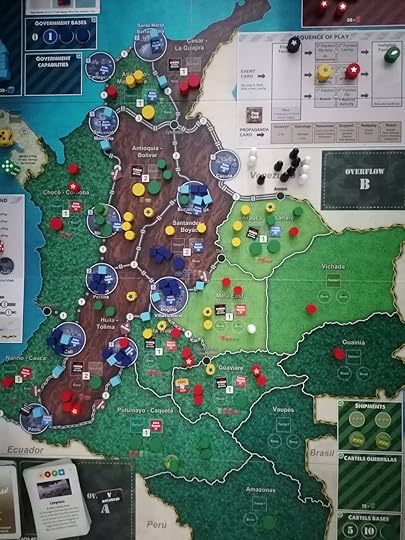 Game board, now with far more pieces and markers on it.