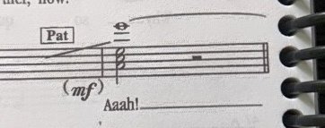 a musical staff indicating that sister mary patrick sings an E6 (three lines above the staff) as a tied whole note.