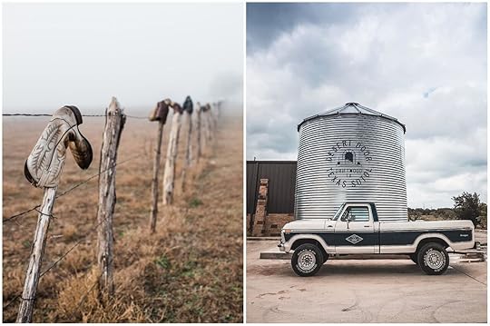 Boots on fence and truck in small towns in Texas