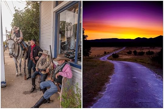 Men on street and landscape at sunset of small towns in Texas