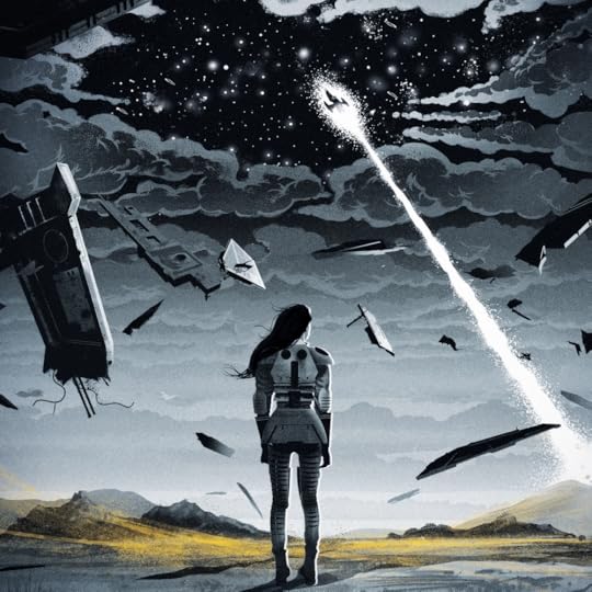A scene from the Brandon Sanderson novel Skyward, where the main character Spensa is looking up at a battle in the sky.