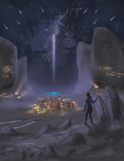 A scene from the Brandon Sanderson novel Skyward, where the main character Spensa is looking down from her cave over Alta Base, the base over Igneous, while a battle takes place overhead.
