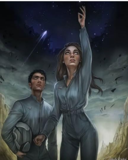 A scene from the Brandon Sanderson novel Skyward, where the main character Spensa is looking up at a battle in the sky and reaching toward the stars while Jorgen stands behind her.