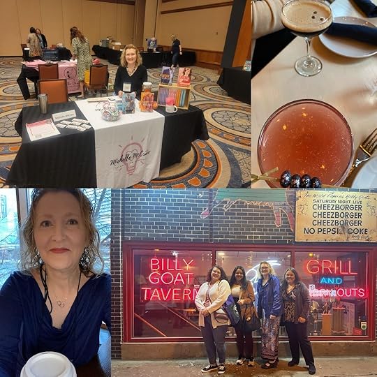 A photo collage showing Michelle McCraw signing at Chicago Spring Fling, some tasty beverages, the author grimacing against the Chicago Riverwalk, and friends in front of the Billy Goat Tavern