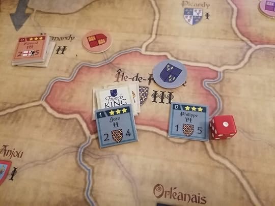 The Isle-de-France region with Philip Vi and Jean II counters. A red dice is showing a one next to Philippe VI.