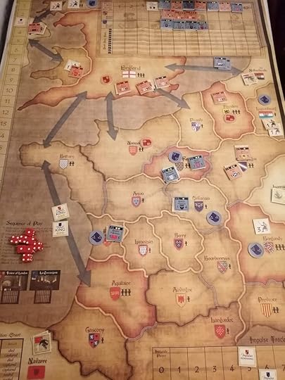 Warriors of God's map. France controls four regions on the continent and Scotland, England only two plus its home region. The king markers are in the Atlantic and the impulses show 6 and 5.