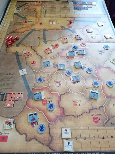 Warriors of God's map. Bertrand du Guesclin is in Anjou, Charles VI next door in Orleans. Three English commanders are in the prison box on the bottom left. French and English units are scattered across the map.