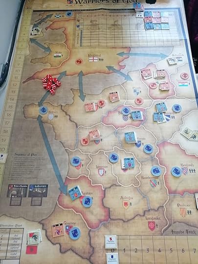 Game map, Henry V is with John Fastolf and one other commander in Flanders. France still has plenty of control markers but far fewer leader counters on the board.