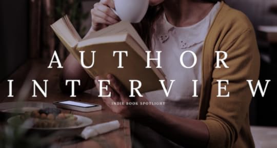 a woman drinking coffee and holding an open book; text says 'author interview: indie book spotlight' 
