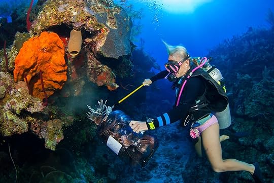 female scuba diver underwater lionfish hunting