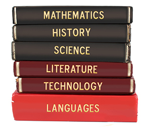 How Reading shapes the brain: The way our brain is wired for reading influences how the brain functions for math. A stack of books labeled Languages, technology, literature, science, history, and mathematics.