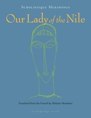 Book cover is pale, slate blue with a hand sketch in neon yellow of a woman in African-mask style. Thus, her face is elongated with a long thing nose, eyes are wide Egyptian style, but hollow, small hoop earrings, prominent uni borrow, and on her head is a scarf with rings like a fringe.