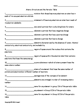atomic structure and the periodic table quiz or worksheet for general chemistry