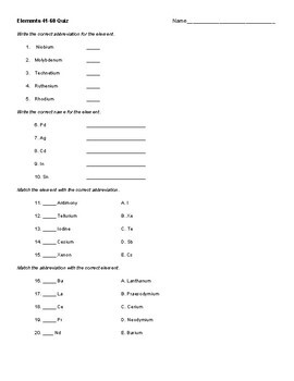 periodic table element quiz teaching resources tpt