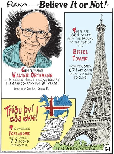 1. Centenarian Walter Orthmann of Brusque, Brazil, has worked at the same company for 84 years! Submitted by Kylie Auld, Sanford, FL. 2. There are 1,665 steps from the ground to the top of the Eiffel Tower; however, only 674 are open for the public to climb. 3. The average Icelander reads about 2.3 books per month.