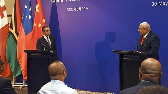 China’s foreign minister Wang Yi (left) and Fiji’s Prime Minister Frank Bainimarama address a press conference at the Pacific Islands Foreign Ministers’ meeting in Suva, Fiji, on Monday. (AP)