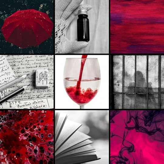 Moodboard showing blood, wine, book pages, ink writing, smoke, a vial, an umbrella and a silhouette of a woman beyond a window 