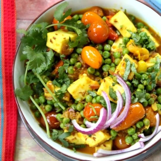 Paneer with Burst Grape Tomatoes and Green Peas