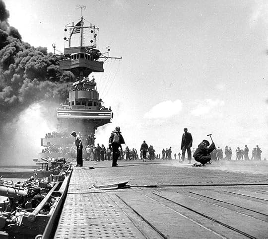 Carrier USS Yorktown burning after being hit by three Japanese bombs, 4 Jun 1942 (US National Archives: 80-G-312018)
