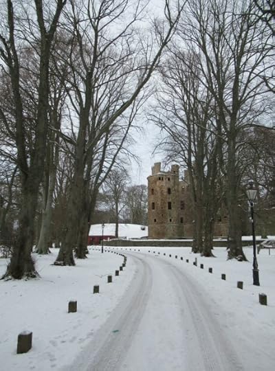 Huntly Castle peeks through the trees.