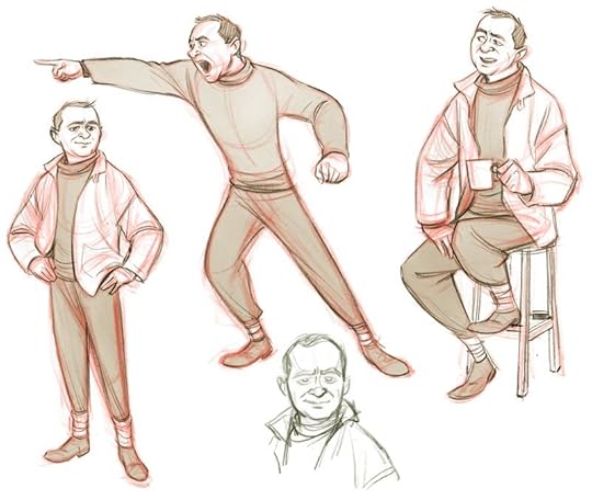 Drawings of Captain Scott standing, pointing, sitting, and looking to camera