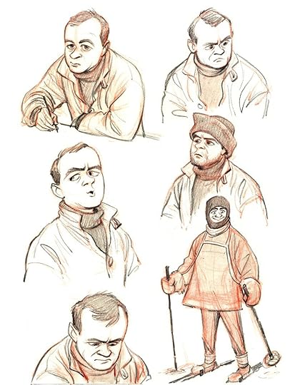 More caricature studies of Robert Falcon Scott, mostly expressions but one on skis.