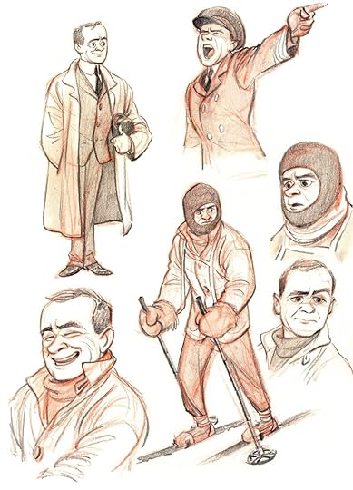 Caricature studies of Captain Scott, one in a trenchcoat, one shouting orders in Naval uniform, and a few expression studies with and without a balaclava.