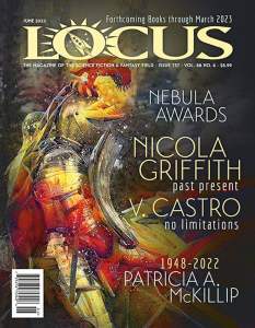 Image of Locus Magazine Issue 737, June 2020 cover depicting a soldier colored with red and yellow