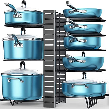 Pots and Pans Organizer for Cabinet, 8 Tier Pot Rack with 3 DIY Methods, Adjustable Pan Organizer Rack for Cabinet