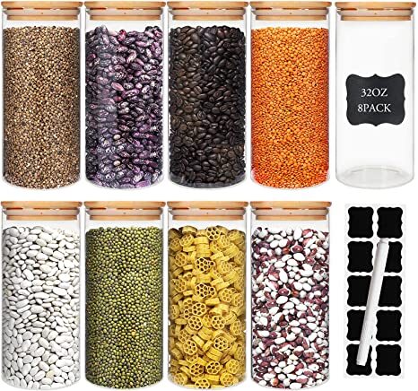 Glass Food Storage Containers Jars with Airtight Bamboo Lid 32oz 8pcs, Pantry Organization Jar