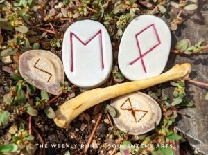 The Elder Futhark runes Othala, Dagaz, Ehwaz, and Eihwaz lying in dirt pocked with spurge, with a mink femur with them.