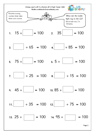 know pairs of multiples of 5 that total 100 addition maths worksheets for year 3 age 7 8 by urbrainy com